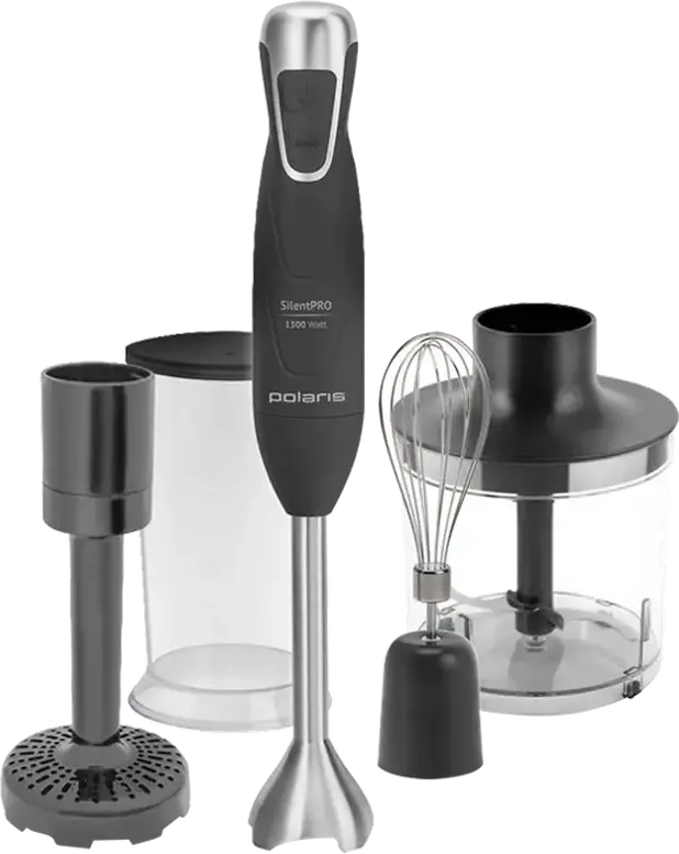 Polaris PHB 1380 SilentPRO Hand Blender, 1300W Immersion Blender with Stainless Steel Blades, Turbo Mode, Chopper, Whisk and Puree Attachment, Grey