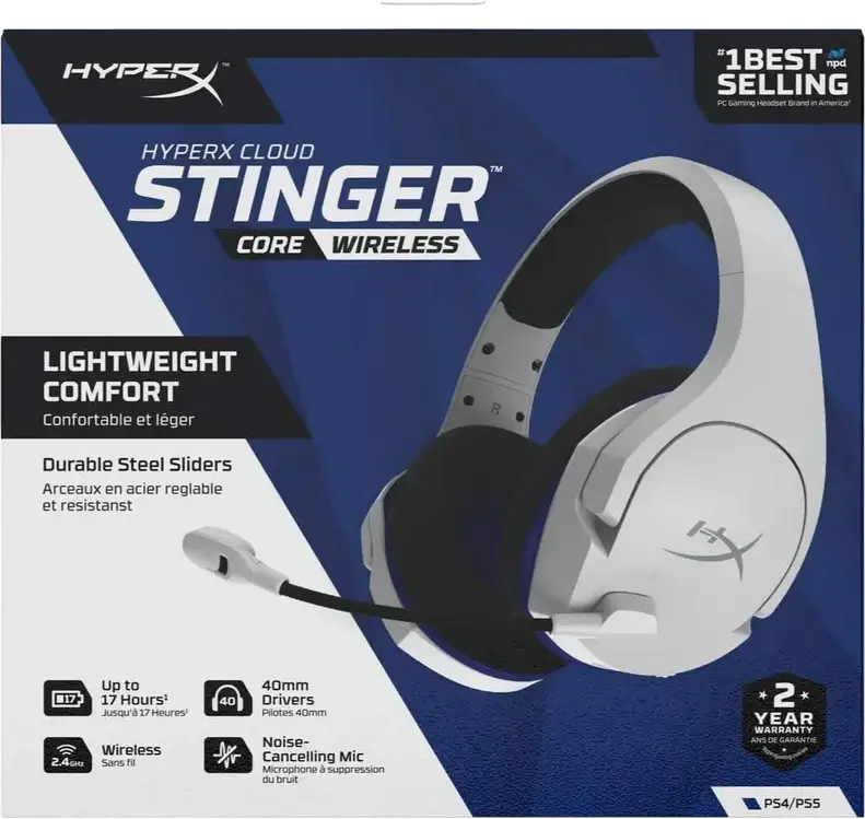 HyperX Cloud Stinger Core Wireless Gaming Headset HHSS1C-KB-WT/G, 2.4GHz Wireless, Noise-Cancelling Swivel-to-Mute Mic, 17h Battery, PS5, PS4, PC, White