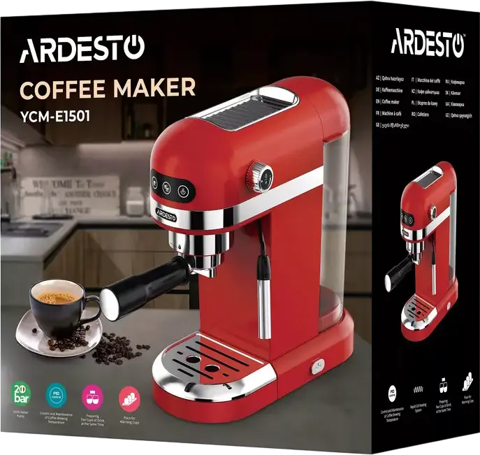 Espressor Manual Ardesto YCM-E1501, 1350W, Pompa Italiana ULKA 20 Bar, Control PID Ecran Tactil, Rezervor Apa 1.4L, Spumator Lapte, Rosu