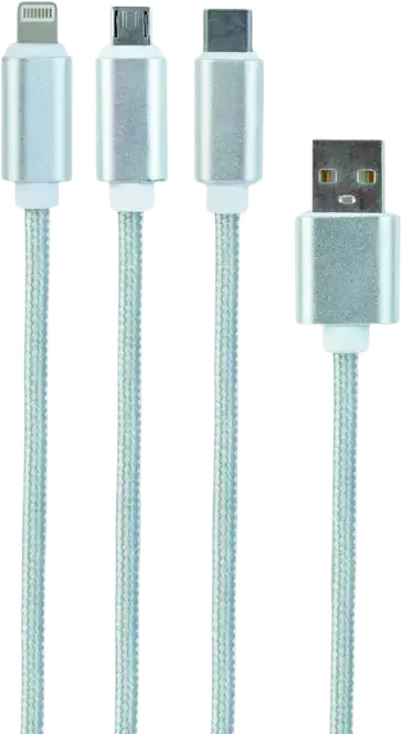 Cablexpert CC-USB2-AM31-1M-G 3-in-1 USB 2.0 Charging and Sync Cable, Micro USB, Type-C, Lightning, TPE, 1m, White, with Integrated LED Flashlight