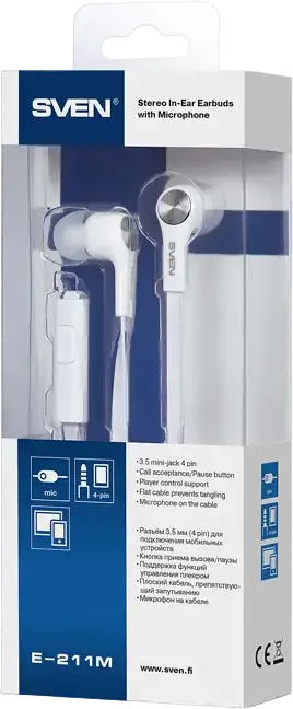 Casca In-ear SVEN E-211M cu Microfon Integrat, Driver Dinamic 10mm, Cablu Plat Anti-încurcare, Conector 3.5mm, Albă