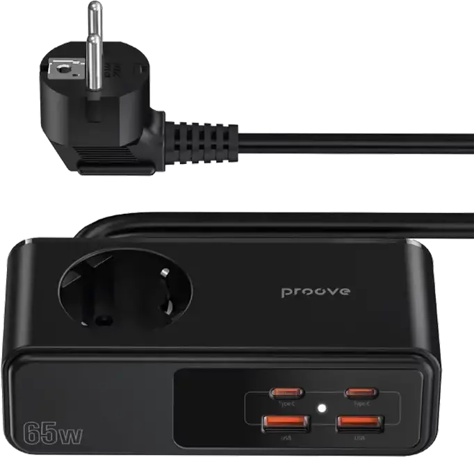 Prelungitor Proove Homester PD-03 GaN cu Protectie Supratensiune, Incarcare Rapida USB-C si USB-A 65W, PD3.0 QC4+, 1 Priza EU AC, Cablu 1.5m, PC Ignifug, Negru