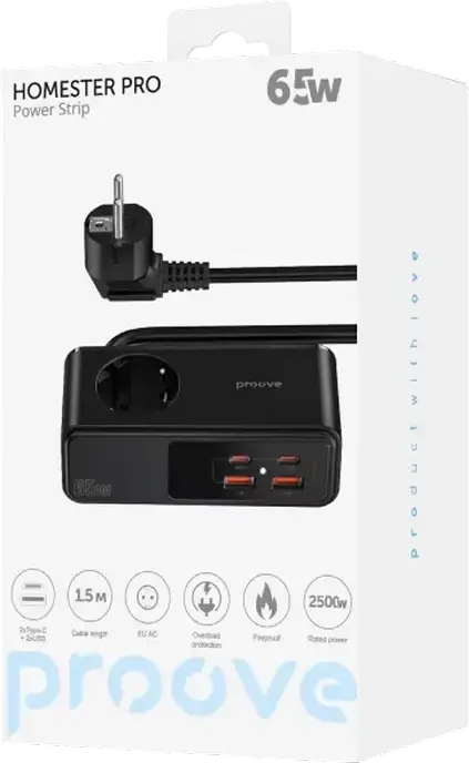 Prelungitor Proove Homester PD-03 GaN cu Protectie Supratensiune, Incarcare Rapida USB-C si USB-A 65W, PD3.0 QC4+, 1 Priza EU AC, Cablu 1.5m, PC Ignifug, Negru