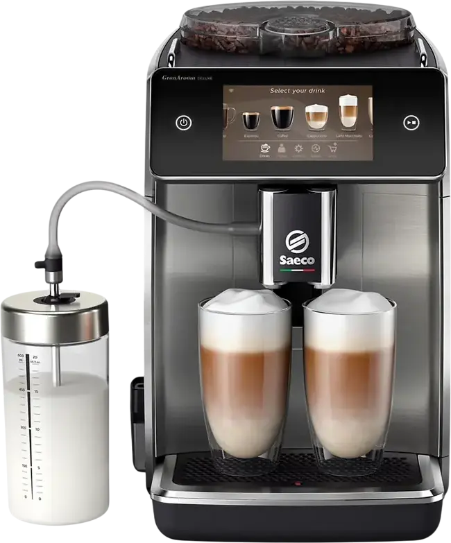 Saeco GranAroma Deluxe SM6685/00 Automatic Coffee Machine, 15 bar, 1500W, Ceramic Grinder, Touch Screen, Wi-Fi, 1.8L Tank, 18 Coffee Specialties, Black/Stainless Steel