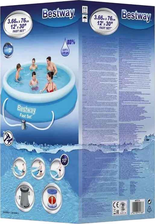 Bestway 57274 Fast Set Inflatable Above-Ground Pool, Round PVC 366 cm x 76 cm, 5377L Capacity, Includes Filter Pump and Cartridge