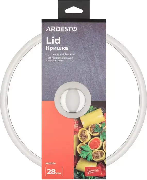 Ardesto Lid Gemini AR0728G Glass Pot Lid, 28 cm, Heat-Resistant Glass with Stainless Steel Handle and Steam Vent, Dishwasher Safe