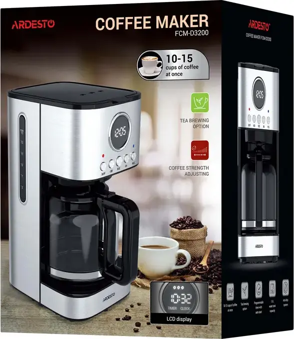 Cafetiera cu filtru Ardesto FCM-D3200, 900W, Capacitate 1.5L, Timer Programabil, Ecran LCD, Carcasă Inox, Sistem Anti-picurare, Carafa din Sticlă