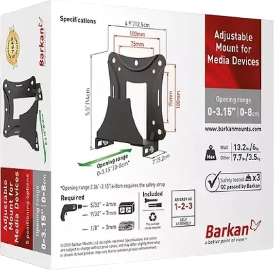 Barkan BM80 Adjustable Media Device Mount A/V Shelf, Telescopic Opening 0-8cm, Wall or TV Back Mounting, Black, Max Load 6kg, Metal Construction