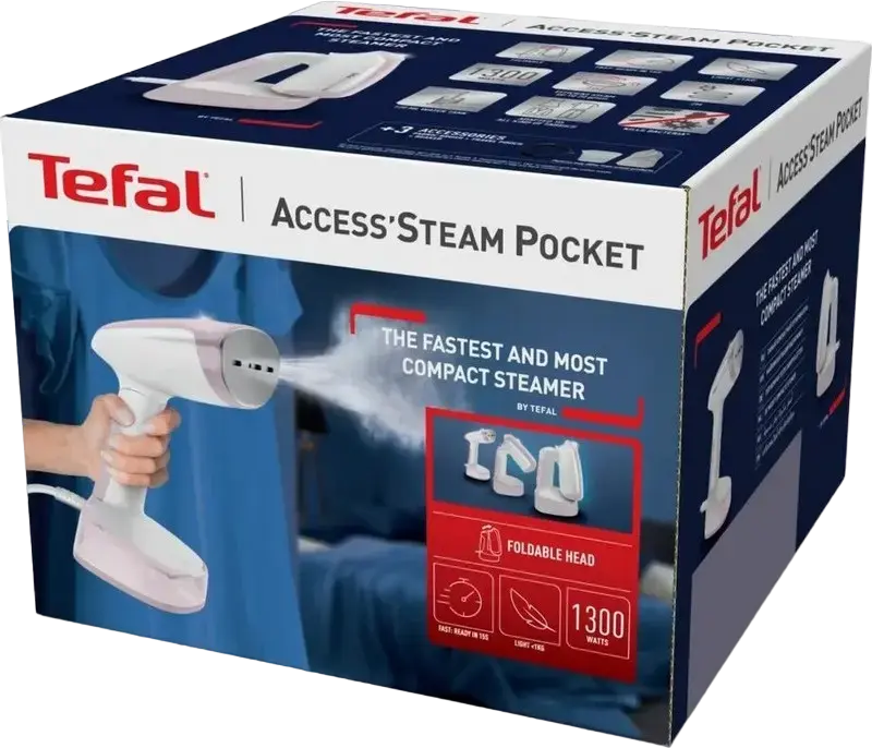Tefal Access'Steam Pocket DT3050E1 Fier de Calcat cu Abur Vertical, 1300W, Flux Abur 20g/min, Rezervor 120ml, Design Pliabil Compact cu Perie Textil