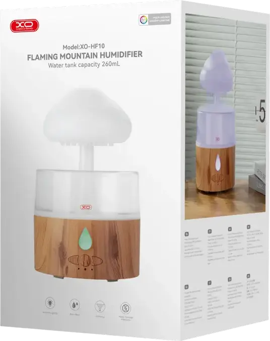 XO HF10 Flaming Mountain Air Humidifier and Aromatherapy Diffuser, 260ml Water Tank, Rain Effect, RGB Lighting, ABS Plastic, Desktop, 8W