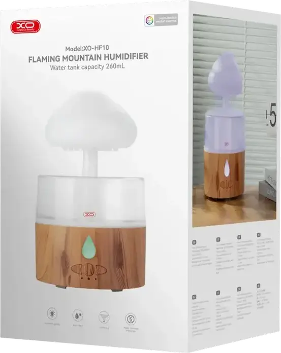 XO HF10 Flaming Mountain Air Humidifier and Aromatherapy Diffuser, 260ml Water Tank, Rain Effect, RGB Lighting, ABS Plastic, Desktop, 8W