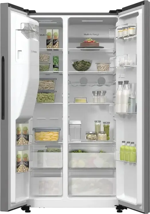 Hisense RS5P535NTCE Side-by-Side Refrigerator, No Frost, Inverter Compressor, 566L Total Capacity, Water Dispenser, Automatic Ice Maker, Stainless Steel