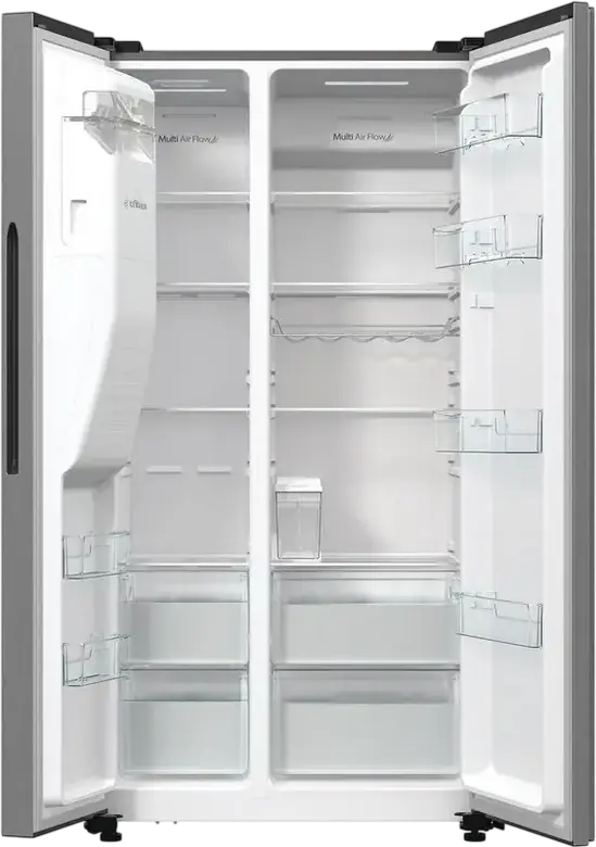 Hisense RS5P535NTCE Side-by-Side Refrigerator, No Frost, Inverter Compressor, 566L Total Capacity, Water Dispenser, Automatic Ice Maker, Stainless Steel