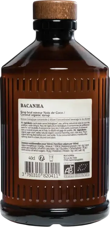 Органический сироп Bacanha Brut Noix de Coco со вкусом кокоса, концентрат для кофе, коктейлей и смузи, стеклянная бутылка 400мл