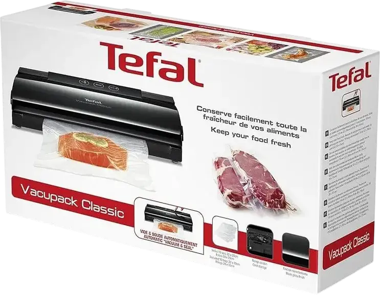 Tefal VT254070 VacuPack Classic Vacuum Sealer, 110W Automatic Vacuum and Seal, Manual Seal, Vertical Storage, Black Plastic, with Vacuum Bags