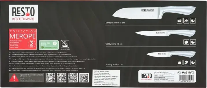 RESTO 95605 Merope 3-Piece Stainless Steel Knife Set - Santoku 18cm, Utility 13cm, Paring 9cm - X30Cr13 Steel - Made in Germany - Gift Box