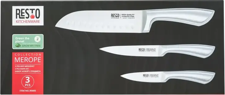RESTO 95605 Merope 3-Piece Stainless Steel Knife Set - Santoku 18cm, Utility 13cm, Paring 9cm - X30Cr13 Steel - Made in Germany - Gift Box