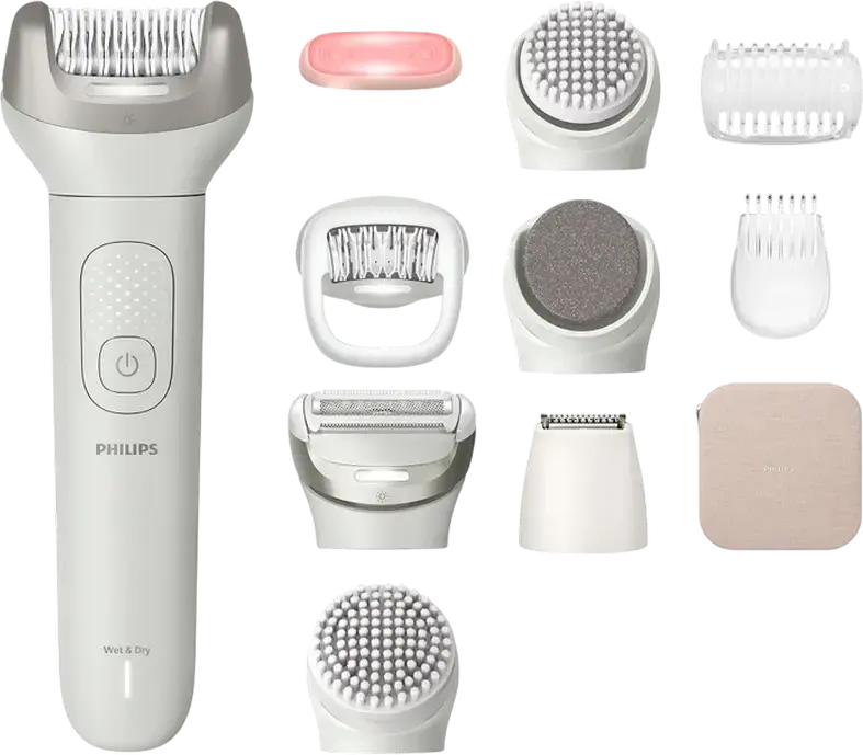 Эпилятор Philips BRE750/00 9900 Beauty Set, для влажного и сухого использования, 32 керамических пинцета, система ProGuide, SkinLED, набор 11 в 1, белый