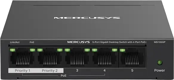 Switch Desktop Gigabit Mercusys MS105GP, 5 Porturi, 4 Porturi PoE+ 802.3af/at, Buget Total 65W, Mod Extend 250m, Mod Izolare, Carcasă Metalică