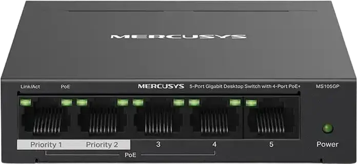 Switch Desktop Gigabit Mercusys MS105GP, 5 Porturi, 4 Porturi PoE+ 802.3af/at, Buget Total 65W, Mod Extend 250m, Mod Izolare, Carcasă Metalică