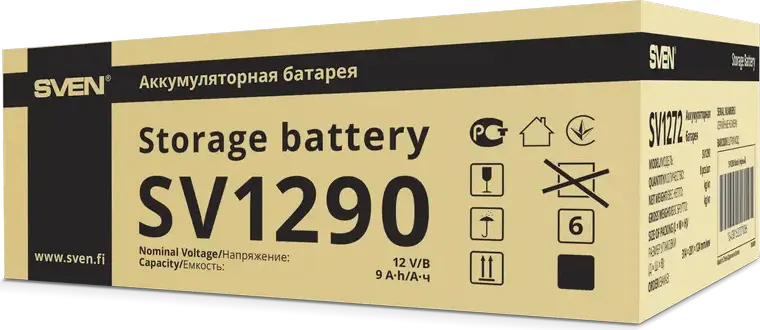 SVEN SV1290 AGM VRLA Lead-Acid Battery 12V 9Ah, F2 Terminals, Maintenance-Free Leak-Proof Battery for UPS, Security Systems and DC Power Supply