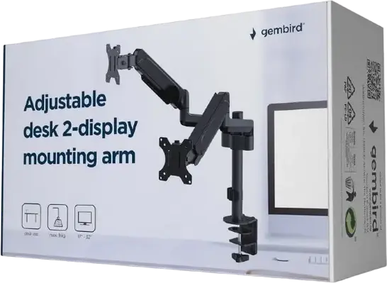 Suport Dual Monitor Gembird MA-DA2P-01, Braț Reglabil cu Gas Spring pentru Ecran 17-32 inch, VESA 75x75 100x100, Capacitate 9kg, Negru