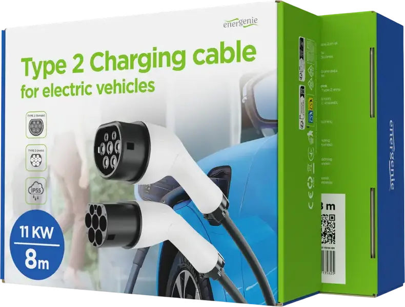 Cablu de Încărcare Vehicule Electrice Energenie EV-T2MF-11KW-8M Type 2 la Type 2, 11kW Trifazat 16A, Protecție IP55, Negru, 8m