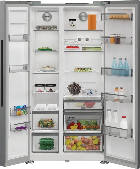 Whirlpool WHG2 6592 X4E Side-by-Side Refrigerator, 593L Total Volume, Total No Frost, LED Display, Silver, 91x179x70.5 cm, Energy Class E