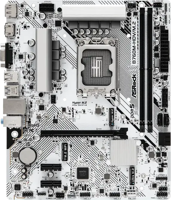 Материнская плата ASRock B760M-HDV/M.2 Micro-ATX LGA1700 Intel B760 DDR5 7200+MHz OC до 96ГБ RAM PCIe 4.0 Hyper M.2 2.5G LAN HDMI DP VGA