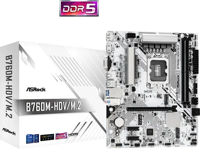 Материнская плата ASRock B760M-HDV/M.2 Micro-ATX LGA1700 Intel B760 DDR5 7200+MHz OC до 96ГБ RAM PCIe 4.0 Hyper M.2 2.5G LAN HDMI DP VGA
