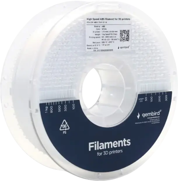 Filament pentru imprimantă 3D Gembird 3DP-ABS1.75HY-01-W, ABS, Alb, 1.75 mm, 1kg
