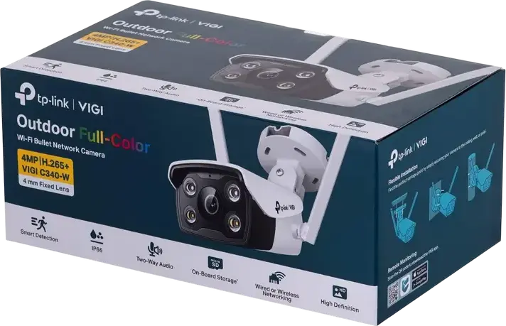 TP-Link VIGI C340-W Outdoor Full-Color Wi-Fi Bullet Network Camera, 4MP (2560x1440), IP66 Waterproof, Two-Way Audio, Human & Vehicle Detection, White