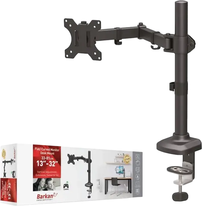 Barkan M121T Desk Mount for Flat and Curved Monitors 13"-34", VESA 75x75 100x100, Load Capacity 8kg, 360° Rotation, Tilt, Swivel, Black