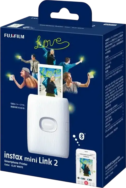Imprimanta foto pentru smartphone Fujifilm instax Mini Link 2, Alb Clay, Bluetooth 4.2, film mini 62 x 46 mm, INSTAXAiR, coduri QR, baterie reincarcabila