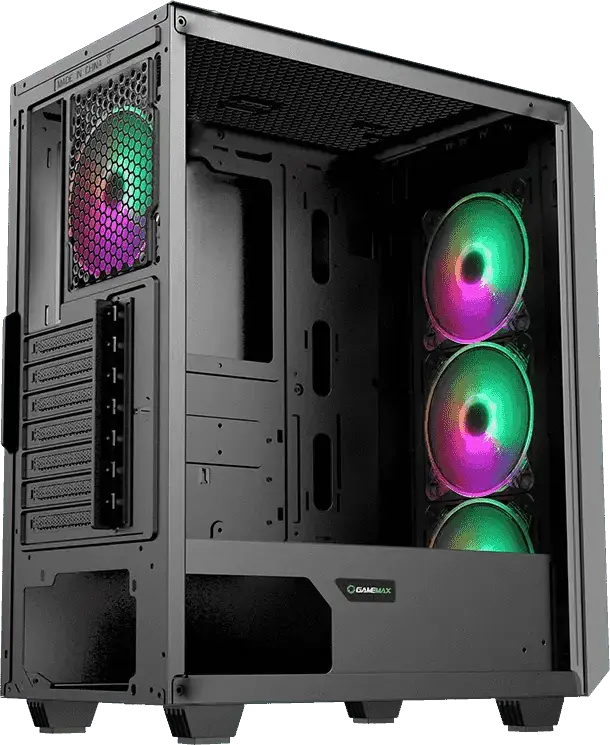 Carcasa PC Gamemax Revolt Midi ATX Tower, Sticla Temperata, 4 Ventilatoare 120mm ARGB, Suport E-ATX, Panou Frontal Mesh, Controler RGB, Negru