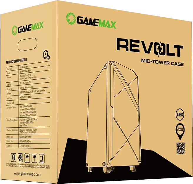 Carcasa PC Gamemax Revolt Midi ATX Tower, Sticla Temperata, 4 Ventilatoare 120mm ARGB, Suport E-ATX, Panou Frontal Mesh, Controler RGB, Negru
