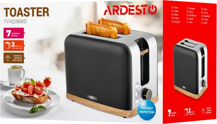 Prăjitor de pâine Ardesto T-F420BWD Wood Modern, 2 fante, 7 nivele de prăjire, 930W, Inox, Funcții Defrost și Reîncălzire, Tavă firimituri, Negru