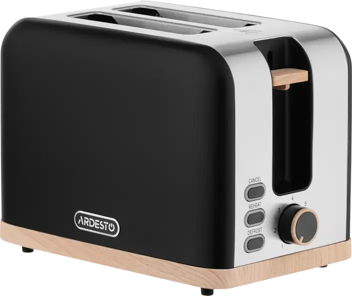 Prăjitor de pâine Ardesto T-F420BWD Wood Modern, 2 fante, 7 nivele de prăjire, 930W, Inox, Funcții Defrost și Reîncălzire, Tavă firimituri, Negru