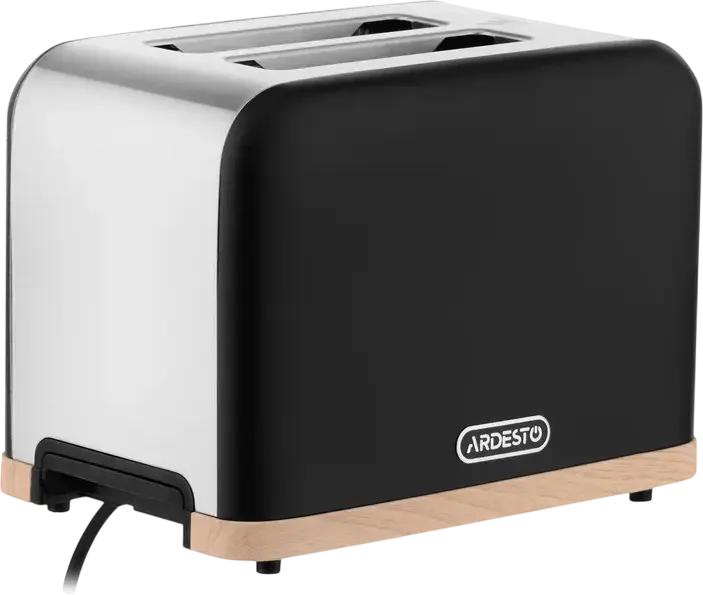 Prăjitor de pâine Ardesto T-F420BWD Wood Modern, 2 fante, 7 nivele de prăjire, 930W, Inox, Funcții Defrost și Reîncălzire, Tavă firimituri, Negru