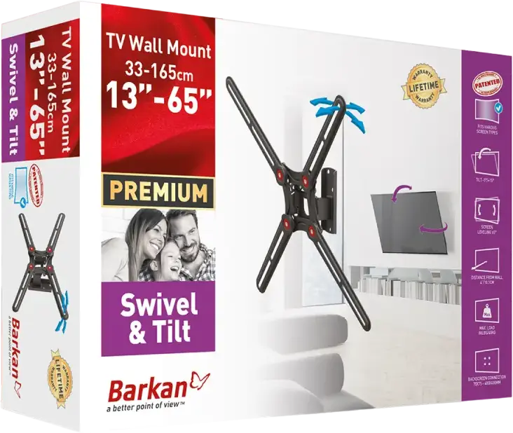 Suport Perete TV Barkan BM320 cu Pivotare și Înclinare pentru Ecrane 13"-65", VESA până la 400x400mm, Capacitate Max 40kg, Metal, Negru, Garanție Pe Viață