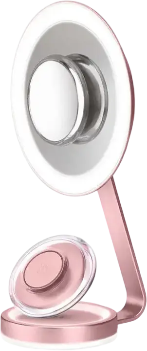 BaByliss 9450E Table Cosmetic Mirror with LED Lighting, 10x Removable Magnifying Mirror, 3-Stage Intensity, Pulse Base Light, Pink, 18.5cm Main Mirror