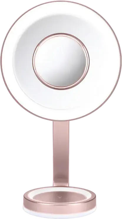 BaByliss 9450E Table Cosmetic Mirror with LED Lighting, 10x Removable Magnifying Mirror, 3-Stage Intensity, Pulse Base Light, Pink, 18.5cm Main Mirror