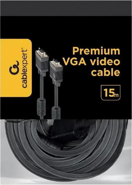 Cablu Video VGA Cablexpert CC-PPVGA-15M-B, 15m, VGA D-Sub 15-pin HD Male - Male, Full HD 1080p, Dublu Ecranat cu 2 Nuclee de Ferrită, Conectori Platinati, Negru