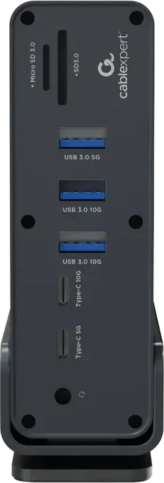 Stație de andocare Gembird A-CF-COMBO15-01 USB Type-C, Adaptor Multi-port 15-în-1, Date 10Gbps, Încărcare PD 100W, Dual HDMI, DisplayPort, Gigabit LAN, Metal Gri