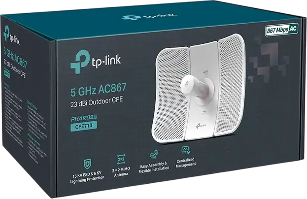 TP-Link CPE710 Outdoor CPE 5GHz AC867 Wireless Bridge, 23dBi High-Gain Directional Antenna, 2x2 MIMO, Gigabit PoE, IP65 Weatherproof, White