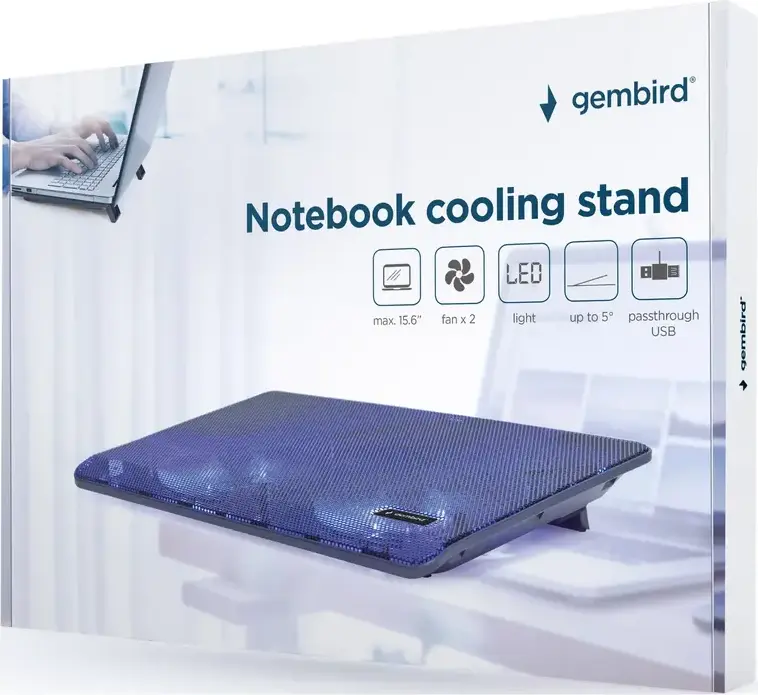 Suport de Răcire Activ Laptop Gembird NBS-2F15-05 pentru laptopuri până la 15.6 inch, 2 ventilatoare 125mm 1500 RPM, LED albastru, Metal și ABS, Negru