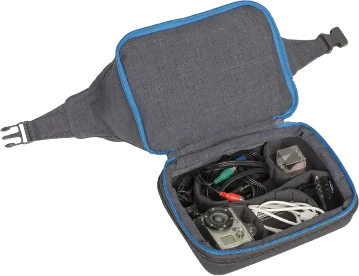 Geanta Rivacase 7513 pentru camere action, Material Polyester EVA rezistent la apa, Compartiment cu Divizoare Flexibile, Curea de Umar, Gri, 170x165x220mm
