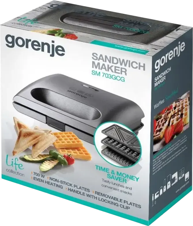 Gorenje SM703GCG Life Collection Multifunctional Sandwich Maker and Mini Grill, 700W, 3 Removable Non-Stick Plates for Sandwiches, Waffles and Grill, Silver