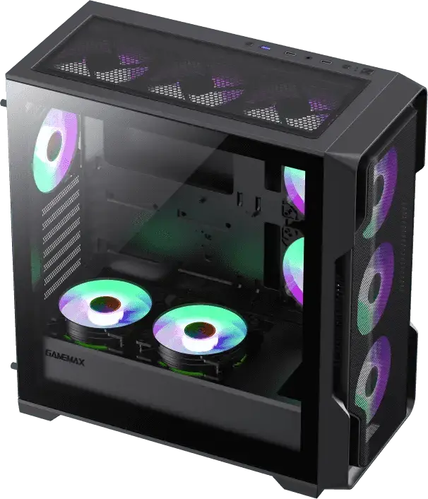 Gamemax Siege Midi-Tower Gaming Case, E-ATX/ATX/M-ATX/ITX, 4x 120mm ARGB Fans, Tempered Glass Side Panel, Mesh Front, Black, Support 360mm Radiator