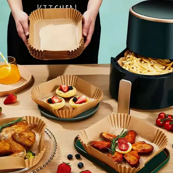 Hârtie de Copt Pătrată pentru Friteuza cu Aer Papro, Rezistentă la Căldură până la 220°C, 20 x 20 cm, Bej